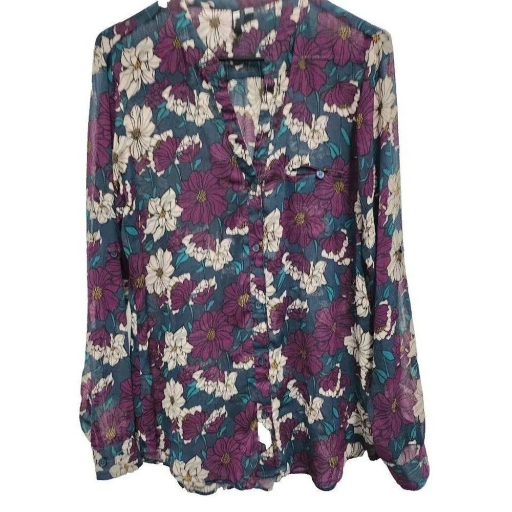 KUT from the Kloth Floral Button Up Blouse Womens Large Purple Sheer BOHO Office